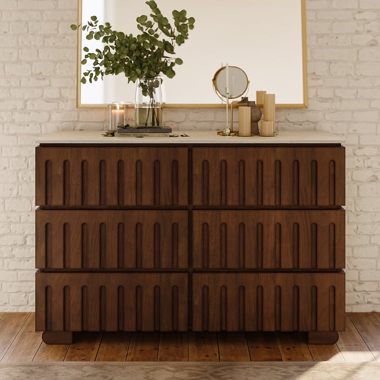 Modern 47” Ash Wood 6 Drawer Dresser with Faux Travertine Sintered Stone Top