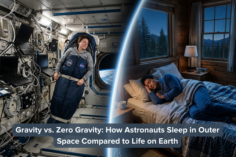 Split image comparing an astronaut sleeping in space to a person sleeping in bed on Earth.