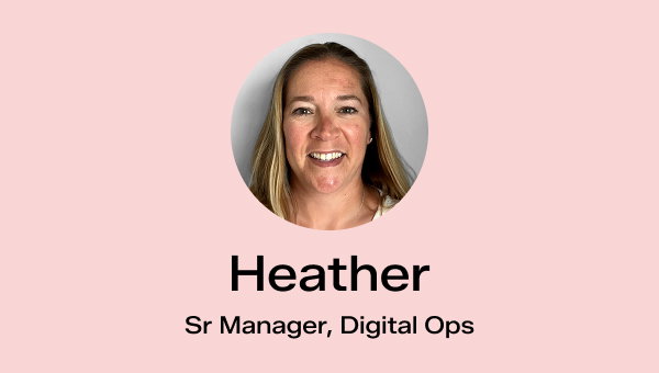 A light pink background with a headshot of Heather, the Keds Senior Manager, Digital Ops. 