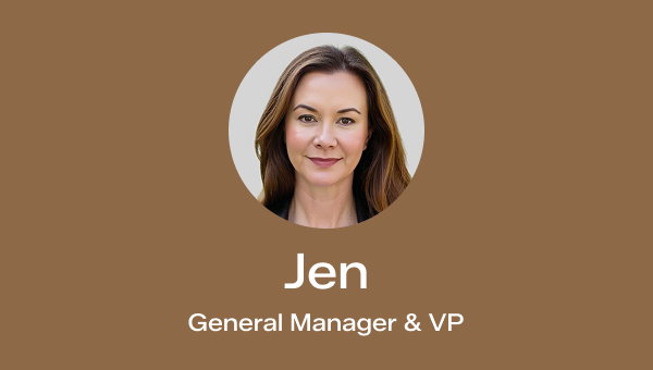 A brown background with a headshot of Jen, Keds General Manager & VP.