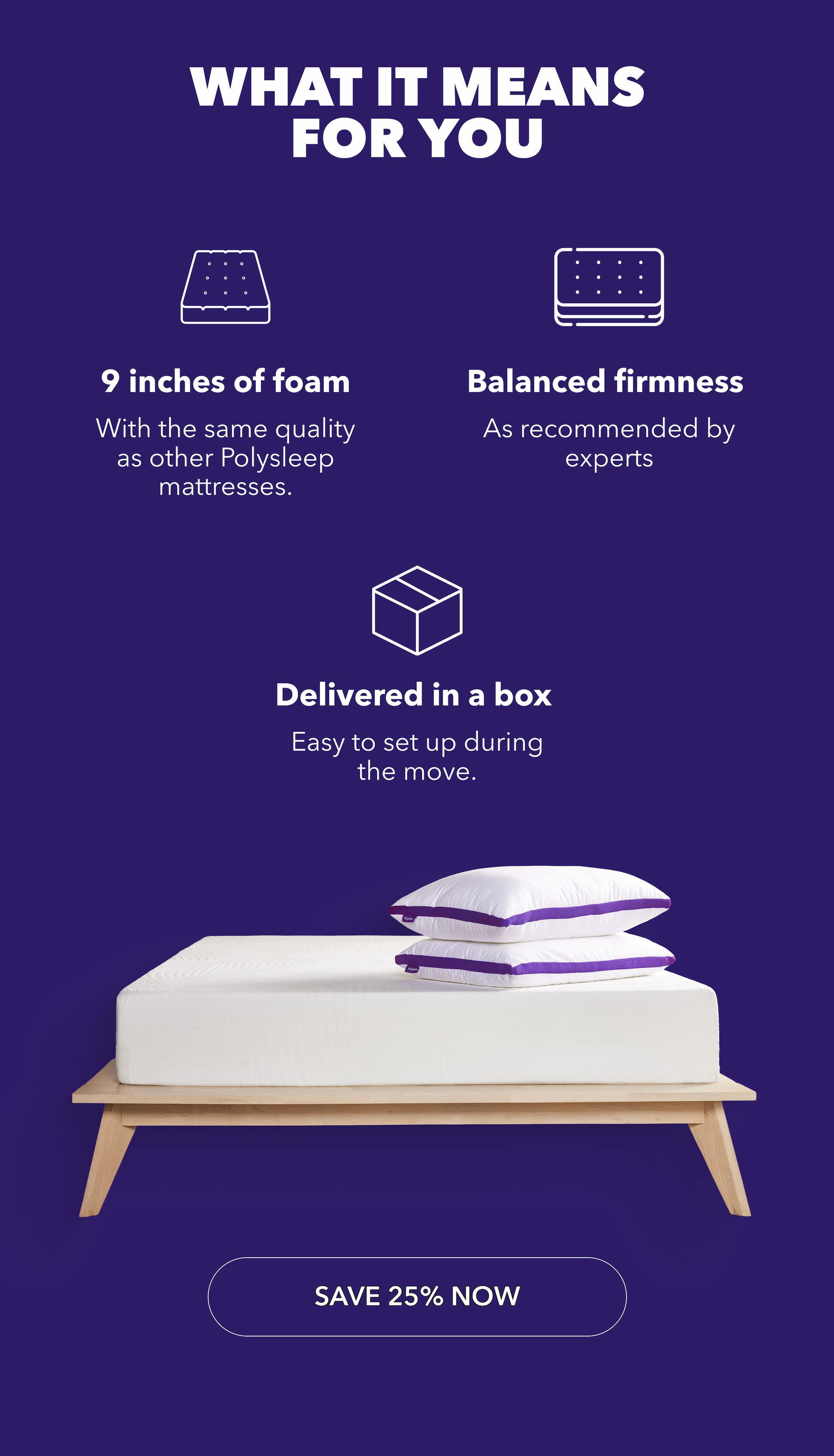 What it means for you 9 inches of foam  With the same quality as other Polysleep mattresses. Balanced firmness  As recommended by experts Delivered in a box  Easy to set up during the move. See the Sierra