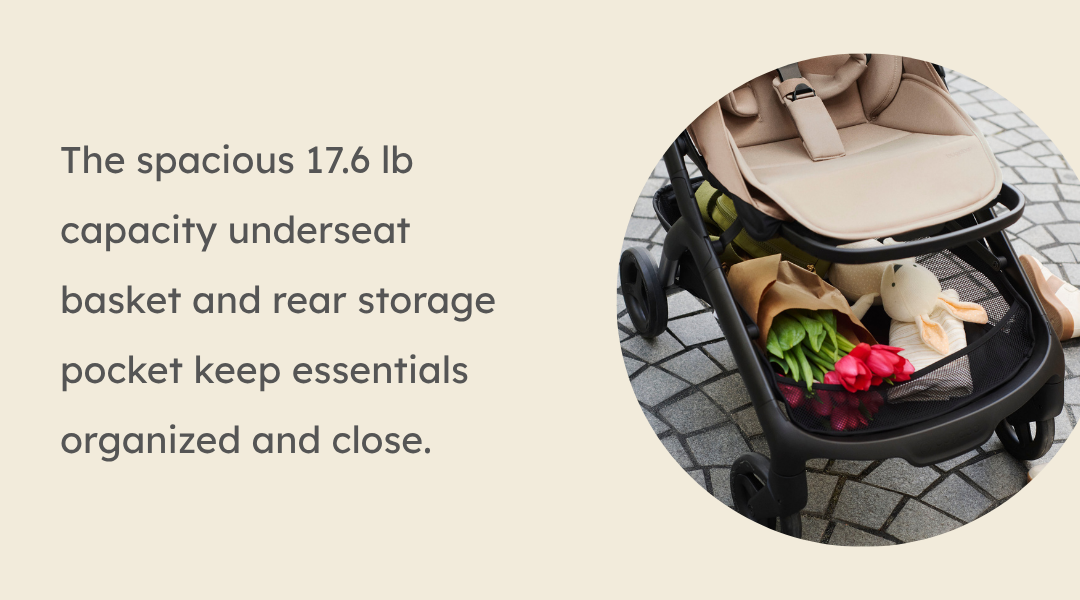 The spacious 17.6 lb capacity underseat basket and rear storage pocket keep essentials organized and close.