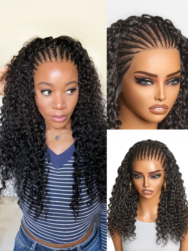 Image of Readitress™ Knotless Fulani Braids Deep Wave Glueless Ear-to-ear 13x4 Frontal HD Lace Wig Human Hair
