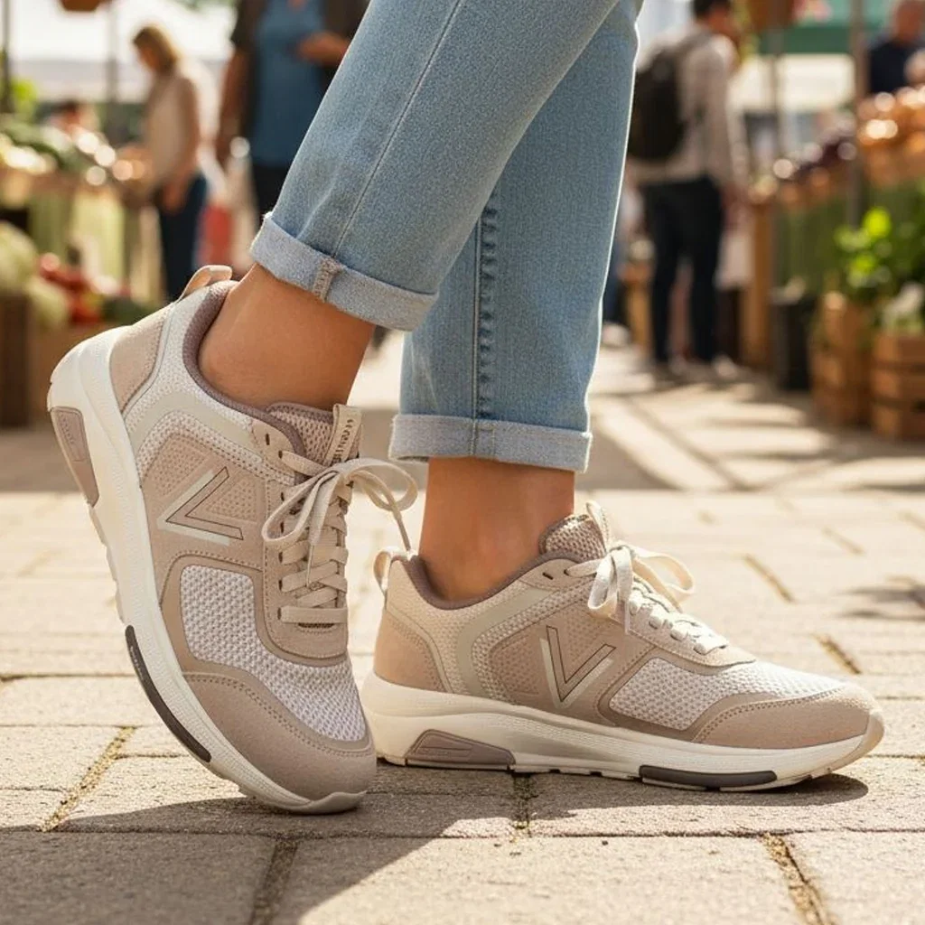 Close-up of woman wearing beige and white New Balance sneakers with rolled cuffed light blue jeans on a sunny street.