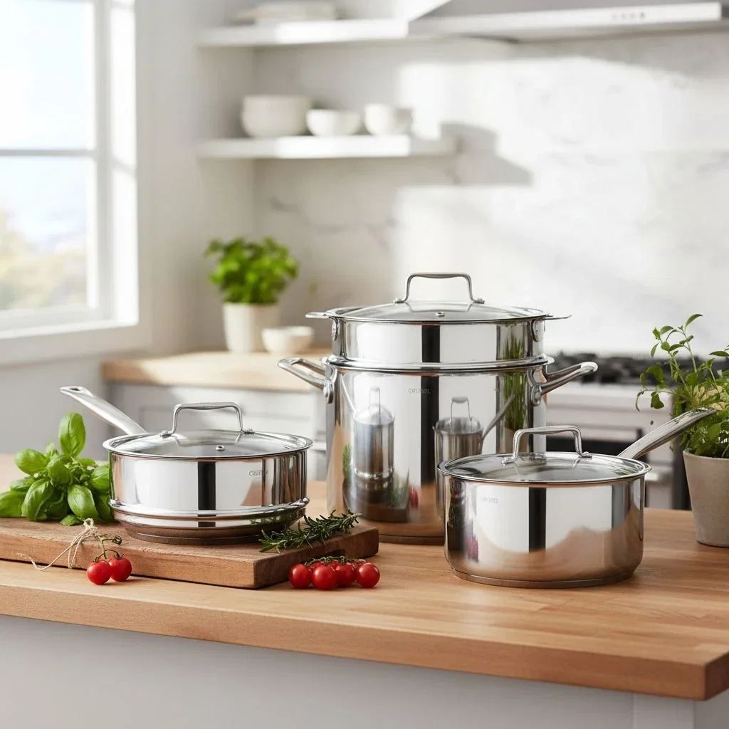 French Cookware by CRISTEL USA stainless steel pots and pans displayed on wooden counter with fresh herbs and tomatoes.