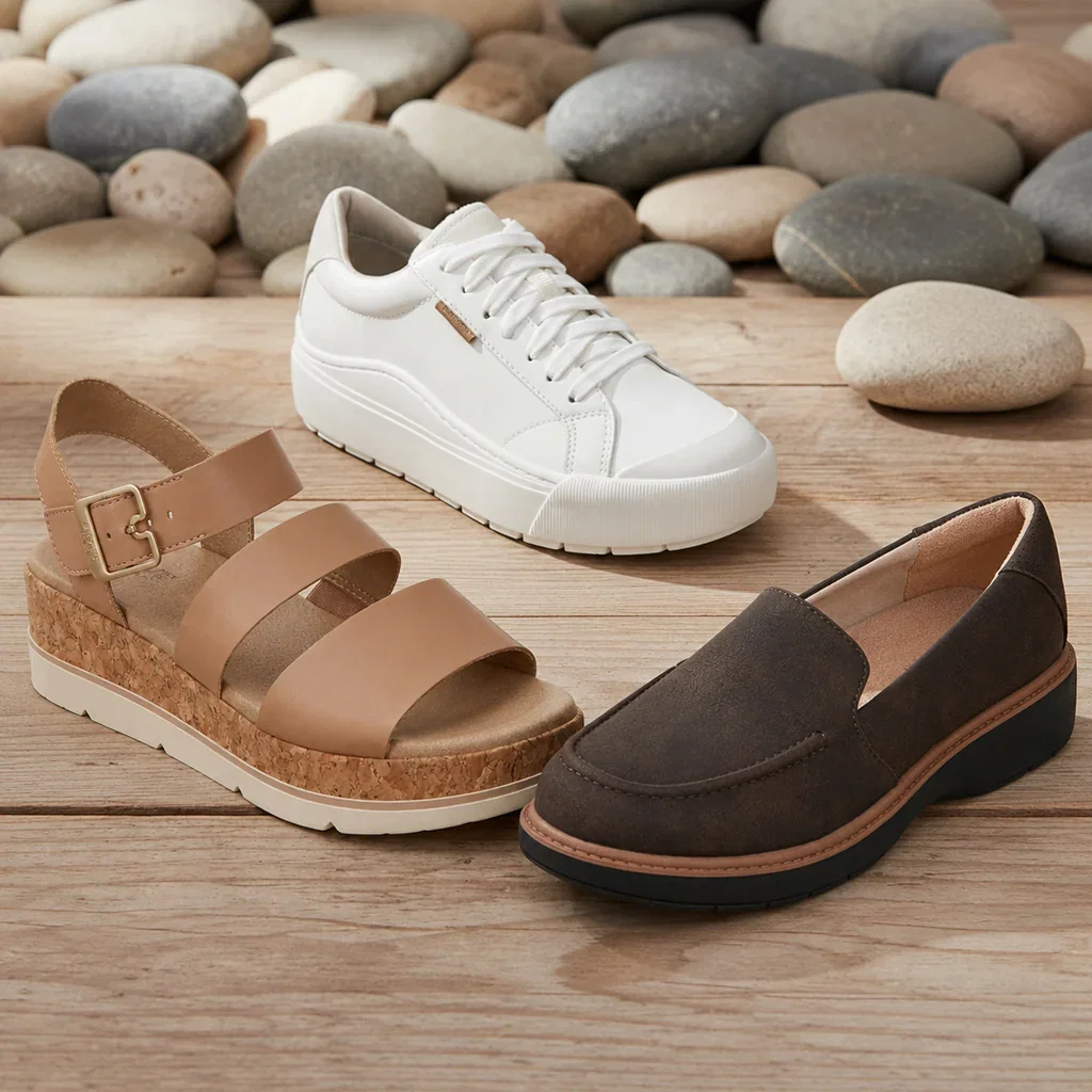 Three Dr. Scholl's shoes displayed on wood: white lace-up sneaker, tan wedge sandal, and dark loafer, with pebbles background.