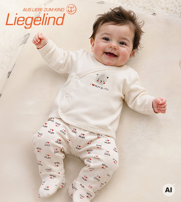 Baby trägt Baby-Set, 2-teilig, weiß, mit Bär-Motiv, Aufschrift: "I love mum & dad", liegend, Frontalansicht.