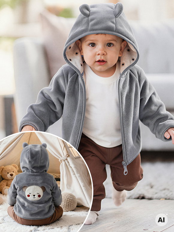 Laufendes Baby trägt graue Jacke mit Bärenmotiv, im Wohnzimmer.