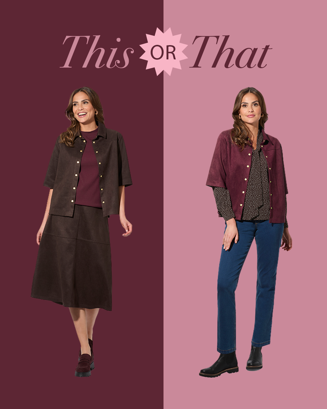 This or That: Frauenmodell trägt zwei verschiedene Outfitvarianten. Links: brauner Rock in Suede-Optik, braune Bluse mit Hemdkragen, bärenfarbiges Shirt aus Baumwolle. Rechts: bärenfarbige Bluse mit Hemdkragen, gepunktete Bluse mit Schnürung, Jeans.