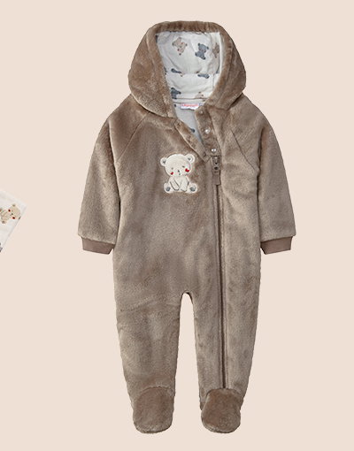 Baby-Overall, braun, Bärenmotiv.
