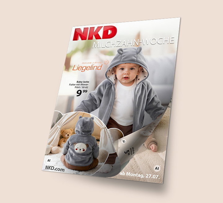 Titelbild vom neuen Prospekt. Baby mit Jacke. 