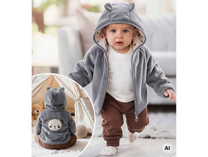 Laufendes Baby trägt graue Jacke mit Bärenmotiv, im Wohnzimmer.