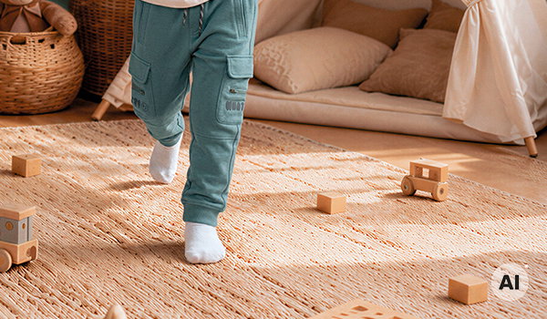 Lachender Junge trägt Jungen-Jogginghose, blau, Spielzimmer mit Holzfiguren im Hintergrund.