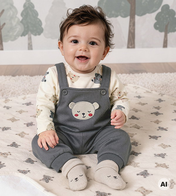 Baby trägt Baby-Set, 2-teilig, grau, mit Bär-Motiv, sitzend, Frontalansicht.