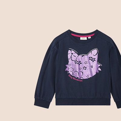 Produktansicht: Dunkelblaues Mädchen-Sweatshirt mit lila Katzenmotiv.