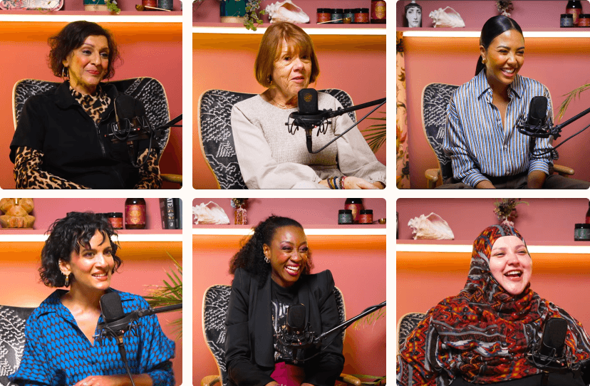 A selection of guests featured on the Sisters of Defiance Podcast, including Emma Grede, Gisèle Pelicot and Anoushka Shankar.