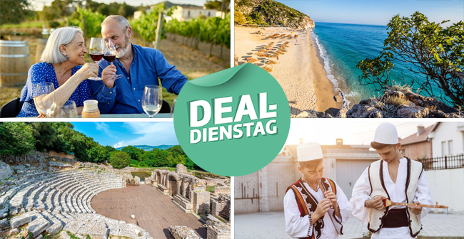 Bild-Collage: Paar trinkt Wein in einem Weingut, gelber Sandstrand mit Strohsonnenschirmen, alte Ruinen, zwei Jungen in traditionellen Gewändern spielen auf Instrumenten.