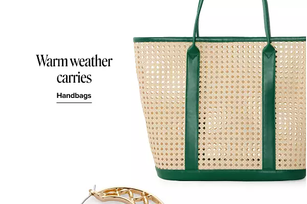 Warm weather carries. Handbags. A woven tote bag.