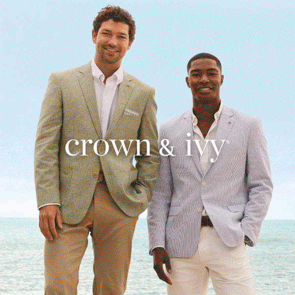 Crown & Ivy. A gif of images. Two men on suits on the beach. A woman in a dress on the beach. A table décor set up.