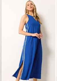 LTS Tall Blue Swirl Trim Cotton Sleeveless Midi Dress