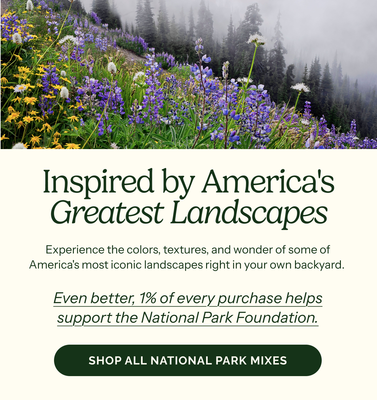 Inspired by America's Greatest Landscapres – Experience the colors, textures, and wonder of some of America's most iconic landscapes right in your own backyard. Even Batter, 1% of every purchase helps support the National Park Foundation. SHOP ALL NATIONAL PARK MIXES