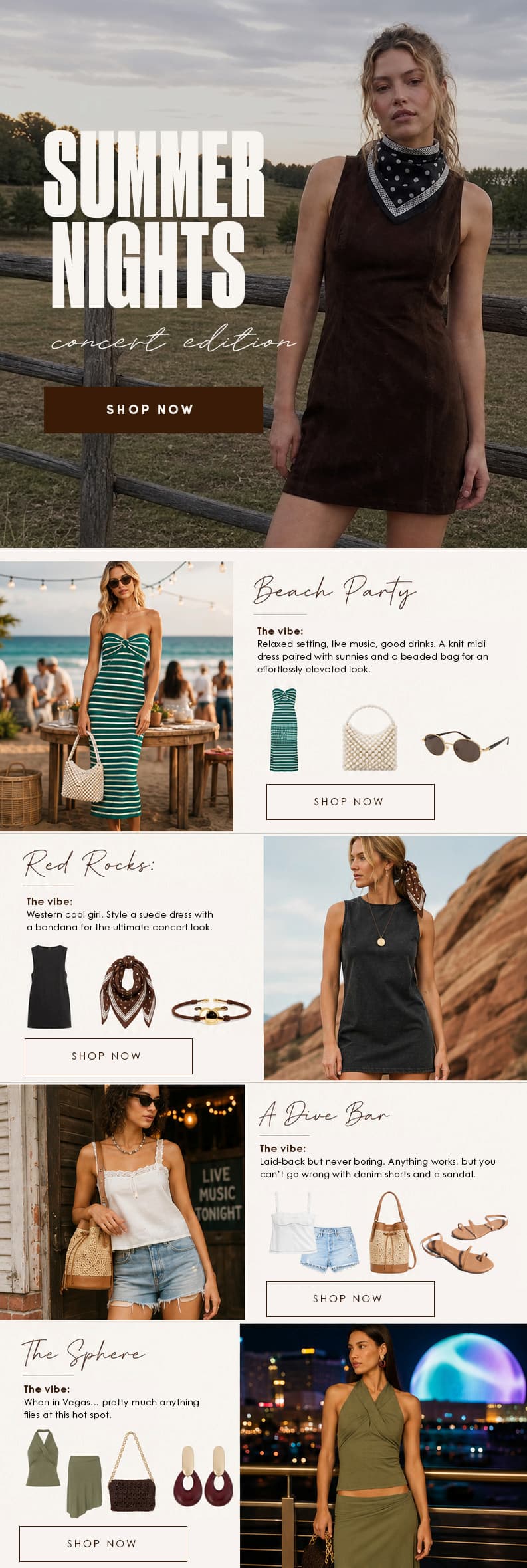 Summer Nights: Concert Edition promotional collage featuring outfit inspiration for a beach party, Red Rocks concert, dive bar and Las Vegas Sphere, with models in summer dresses, denim shorts and matching sets alongside coordinating accessories and “Shop Now” buttons.