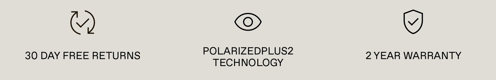 30 Day Free Returns, PolarizedPlus2 Technology, 2 Year Warranty