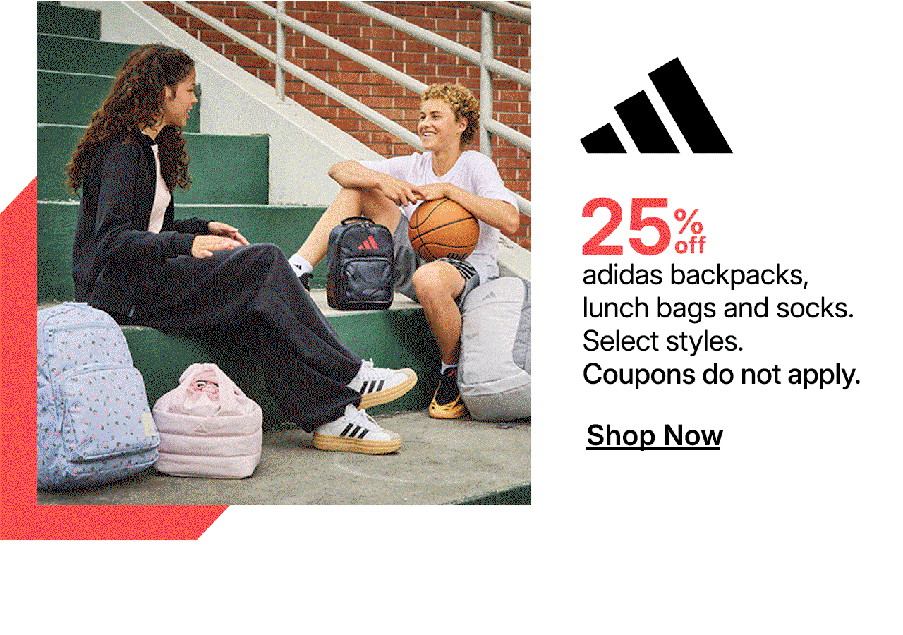 25% off adidas backpacks, lunch bags and socks