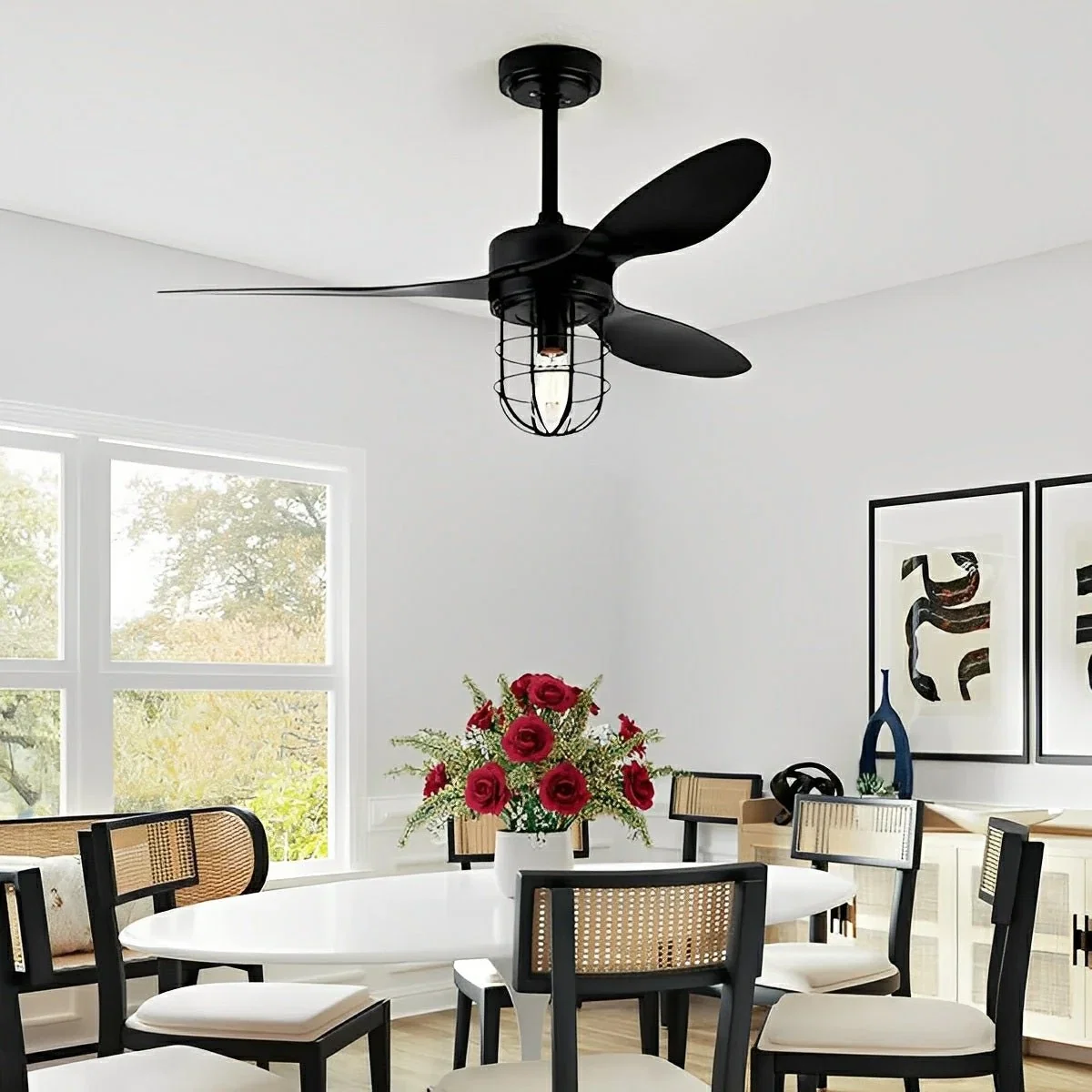 Image of Mid-Century Modern DC Motor Reverse Ceiling Fan- with Lanterns Light