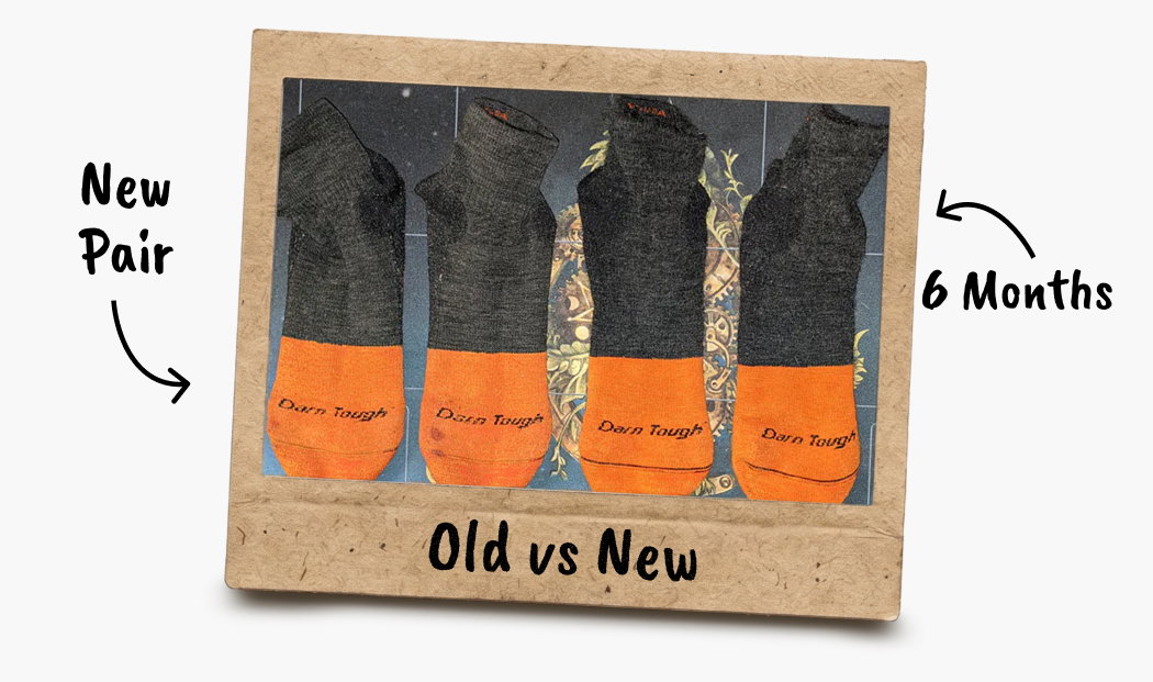 Old vs New: Nick's Steely socks after 6 months of heavy wear, next to a fresh pair