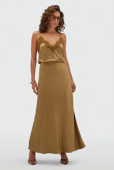 JV-COSETTE high waisted maxi rok in satijn look - khaki