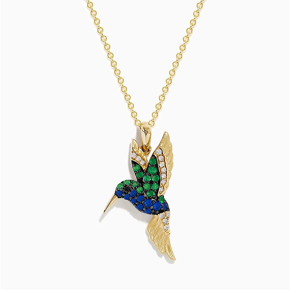 Safari 14k Yellow Gold Emerald and Sapphire Humming Bird Pendant