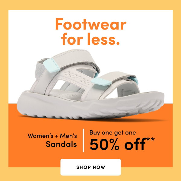 Women's + Men's Sandals Buy one get one 50% OFF*