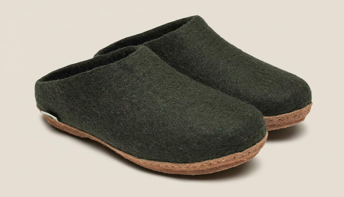 A pair of dark green felt clogs with brown soles.