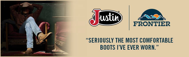 A man wearing Western Boots while sitting in a chair. Justin logo, Frontier Logo. Seriously The Most Comfortable Boots I’ve Ever Worn.