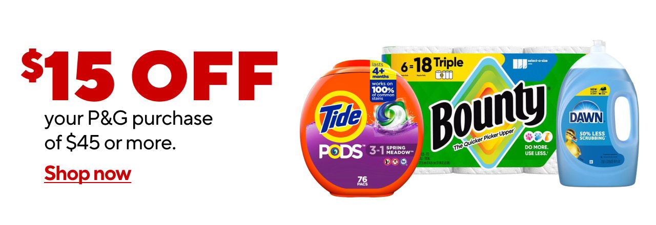 $15 off your purchase of $45 or more of Procter and Gamble products.