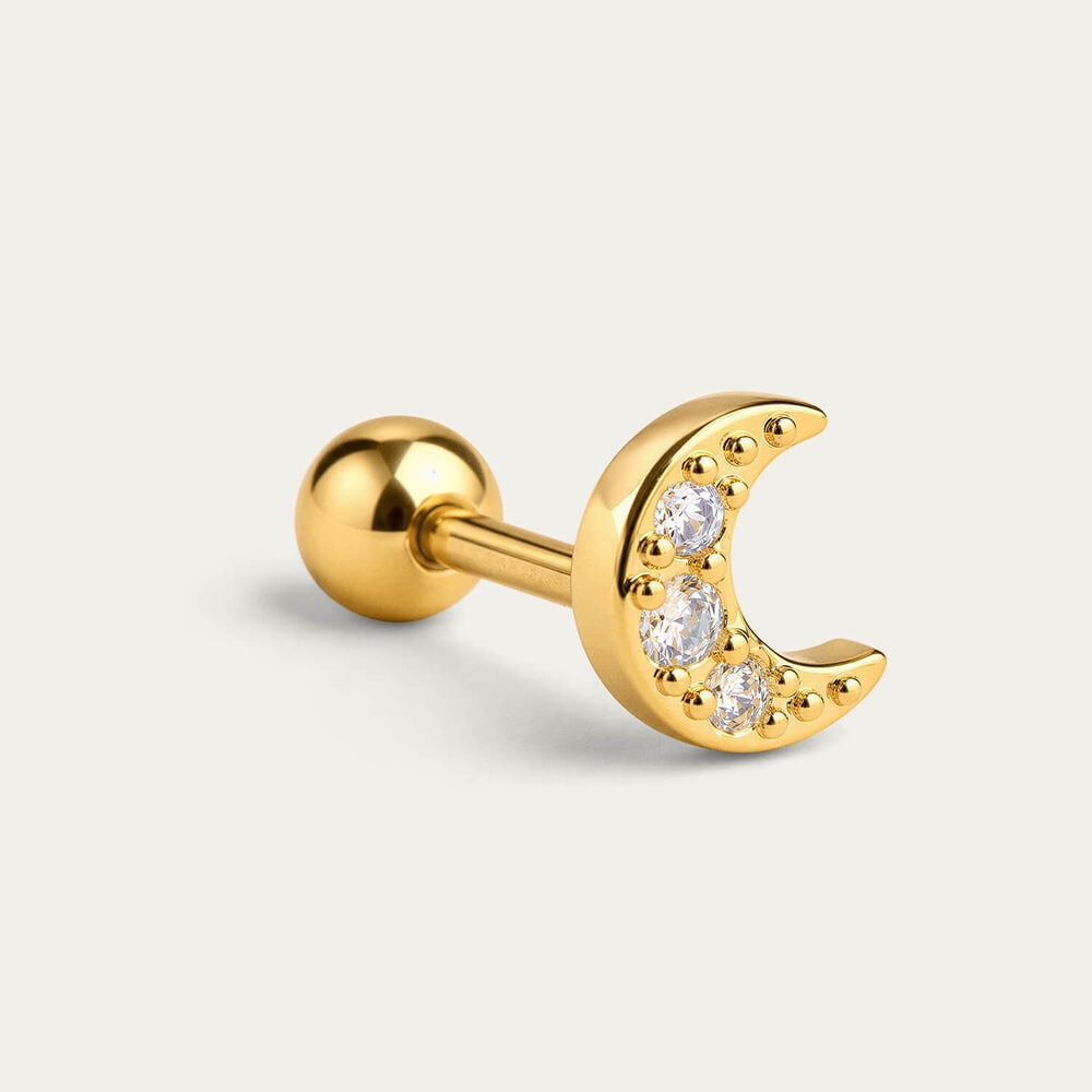 Yellow Gold Plated Sterling Silver Cubic Zirconia Half Moon Single Stud Earring 