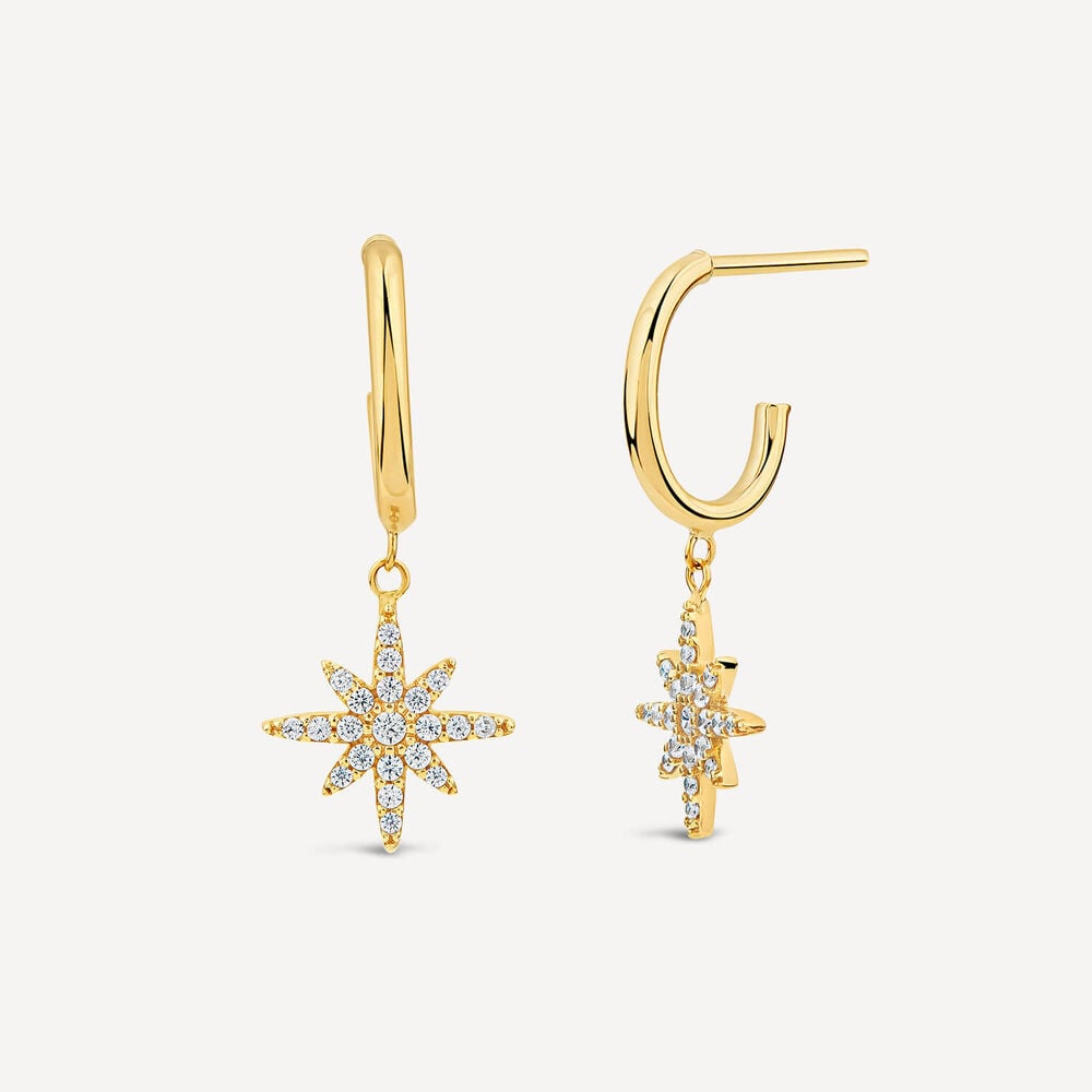 9ct Yellow Gold Cubic Zirconia Set North Star Hoop Earrings 