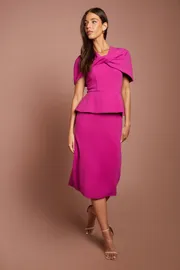 Twist Front Cape Sleeve Pencil Midi Dress With Peplum