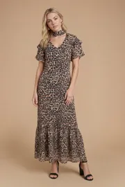 DP Luxe Double Flutter Sleeve Tie Detail Printed Maxi Dress