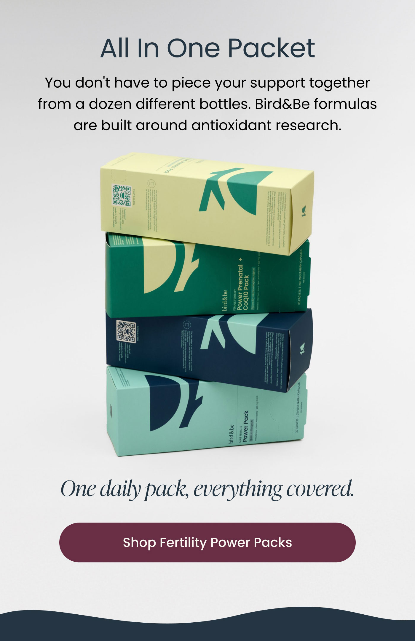 All In One Packet  You don't have to piece your support together from a dozen different bottles. Bird&Be formulas are built around antioxidant research.  One daily pack, everything covered.  Shop Fertility Power Packs