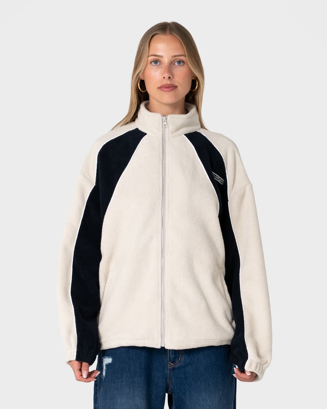 Two Tides Zip Through Sherpa Fleece in Egret & Navy Blue