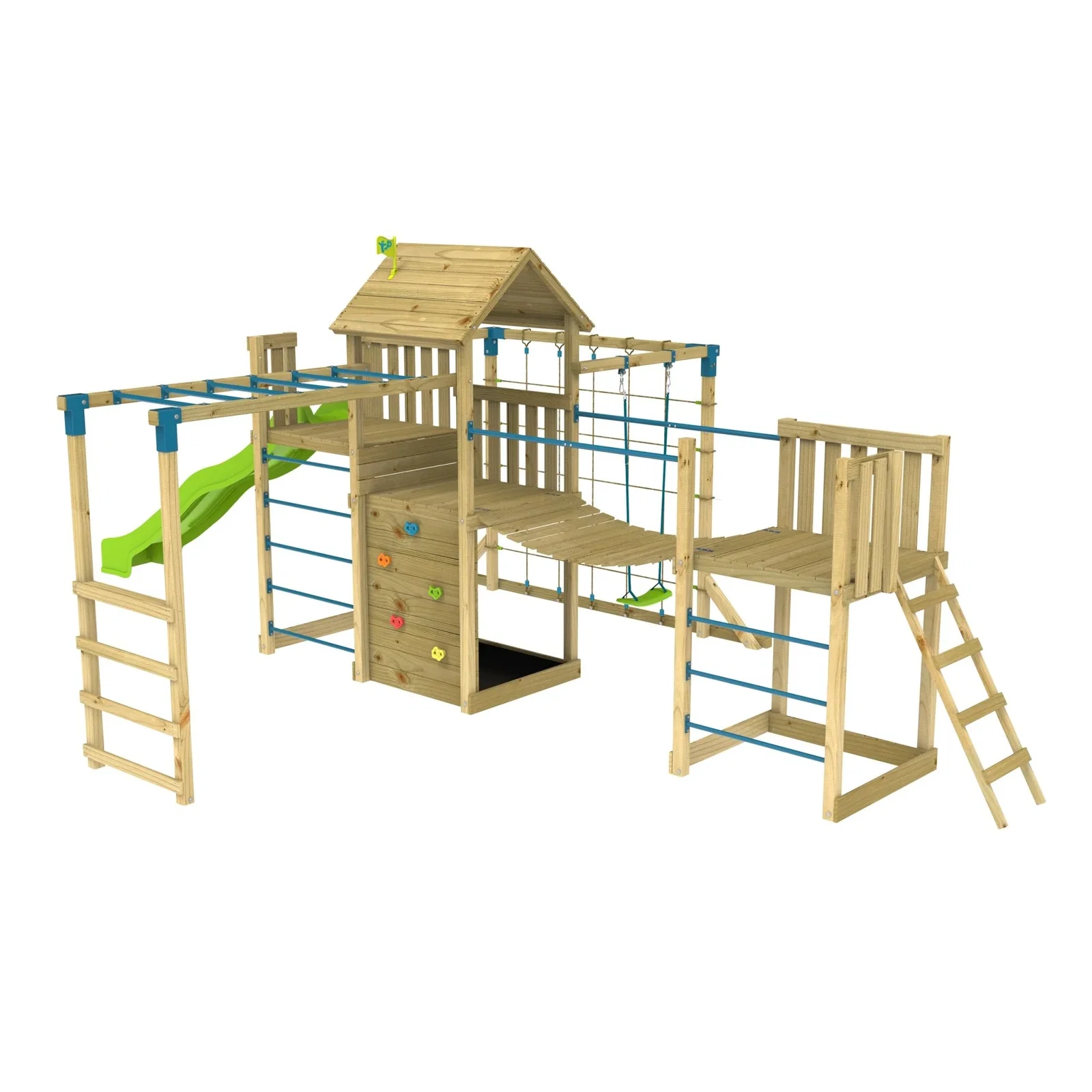 Image of TP Skywood Wooden Tower Climbing Frame with Super Wavy Slide, Sky Deck, Monkey Bars, Skyline with Swing Seat & extra play tower - FSC® certified