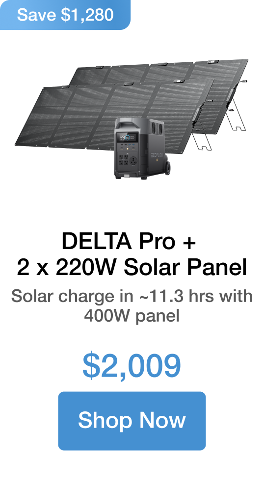 DELTA Pro + 2 x 220W Solar Panel Solar charge in ~10.2 hrs with 440W panel $2,009 Save $1,280