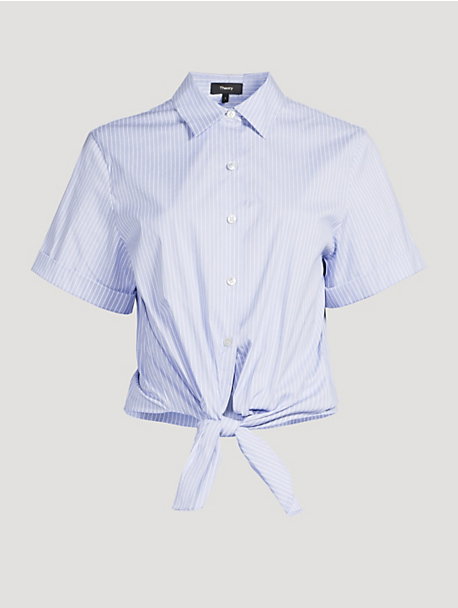 Tie-Front Poplin Shirt In Stripe Print