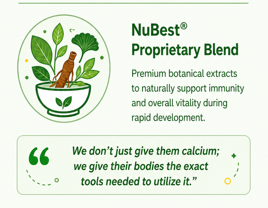 NuBest® Proprietary Blend | Premium botanical extracts to naturally support immunity and overall vitality during rapid development. | “We don’t just give them calcium; we give their bodies the exact tools needed to utilize it.”