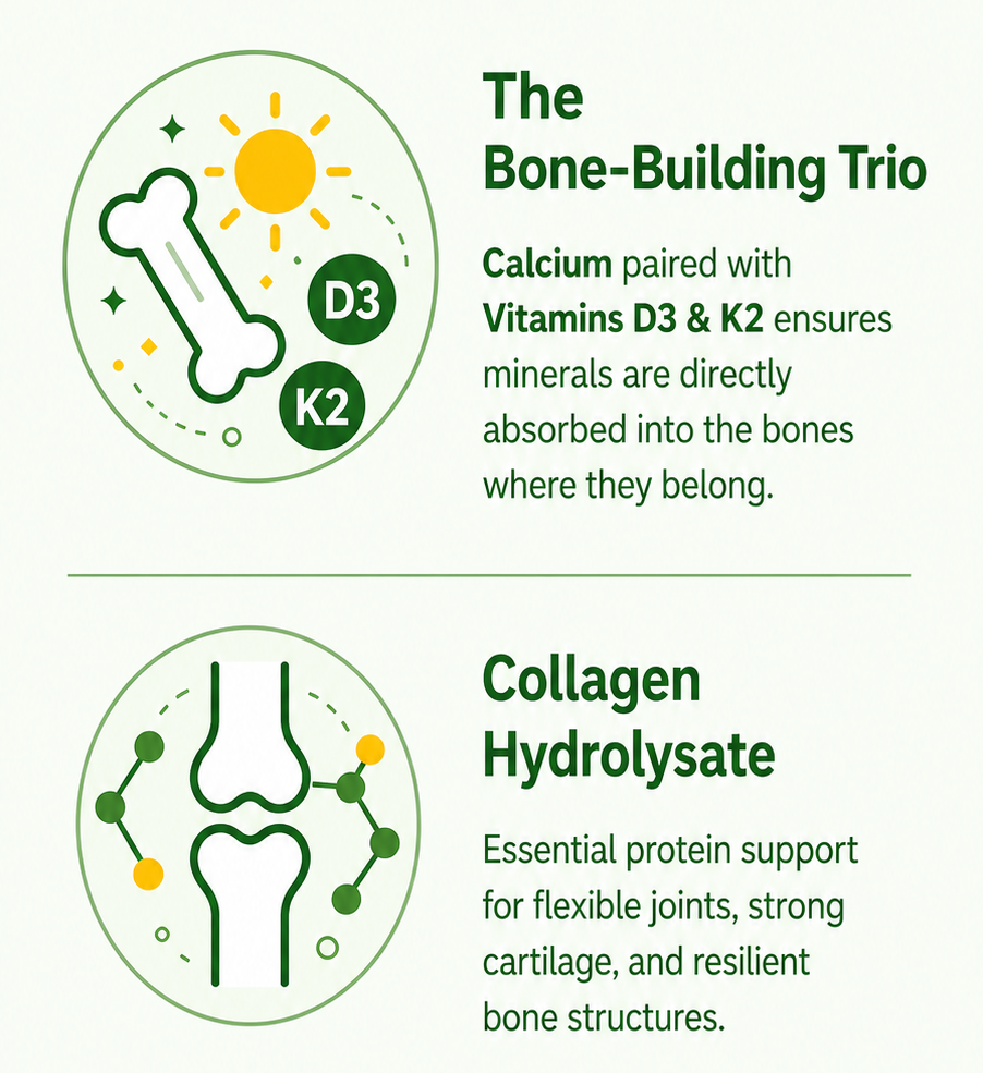 The Bone-Building Trio | Calcium paired with Vitamins D3 & K2 ensures minerals are directly absorbed into the bones where they belong. | Collagen Hydrolysate | Essential protein support for flexible joints, strong cartilage, and resilient bone structures.