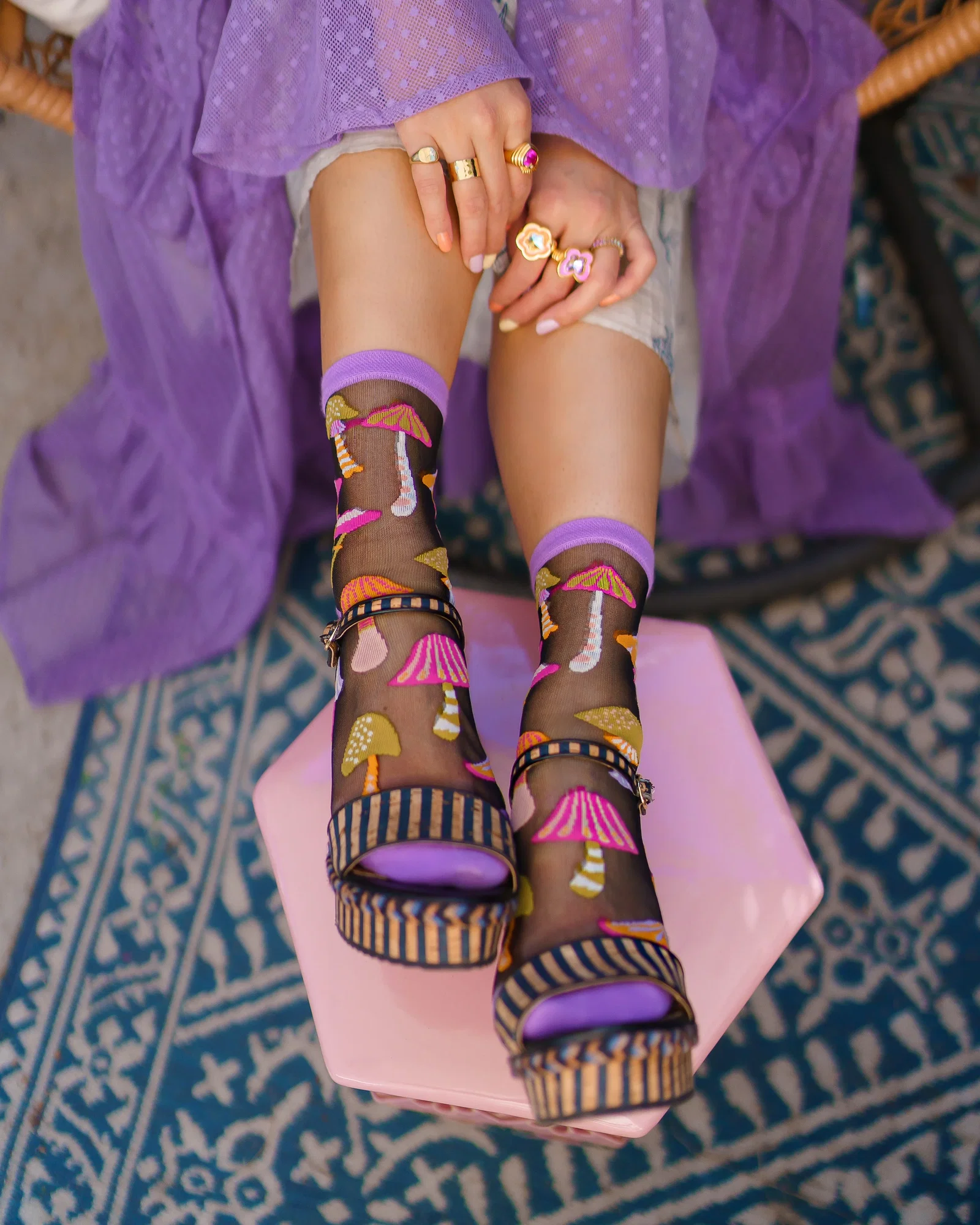 Image of Magic Mushrooms Black Sheer Crew Sock