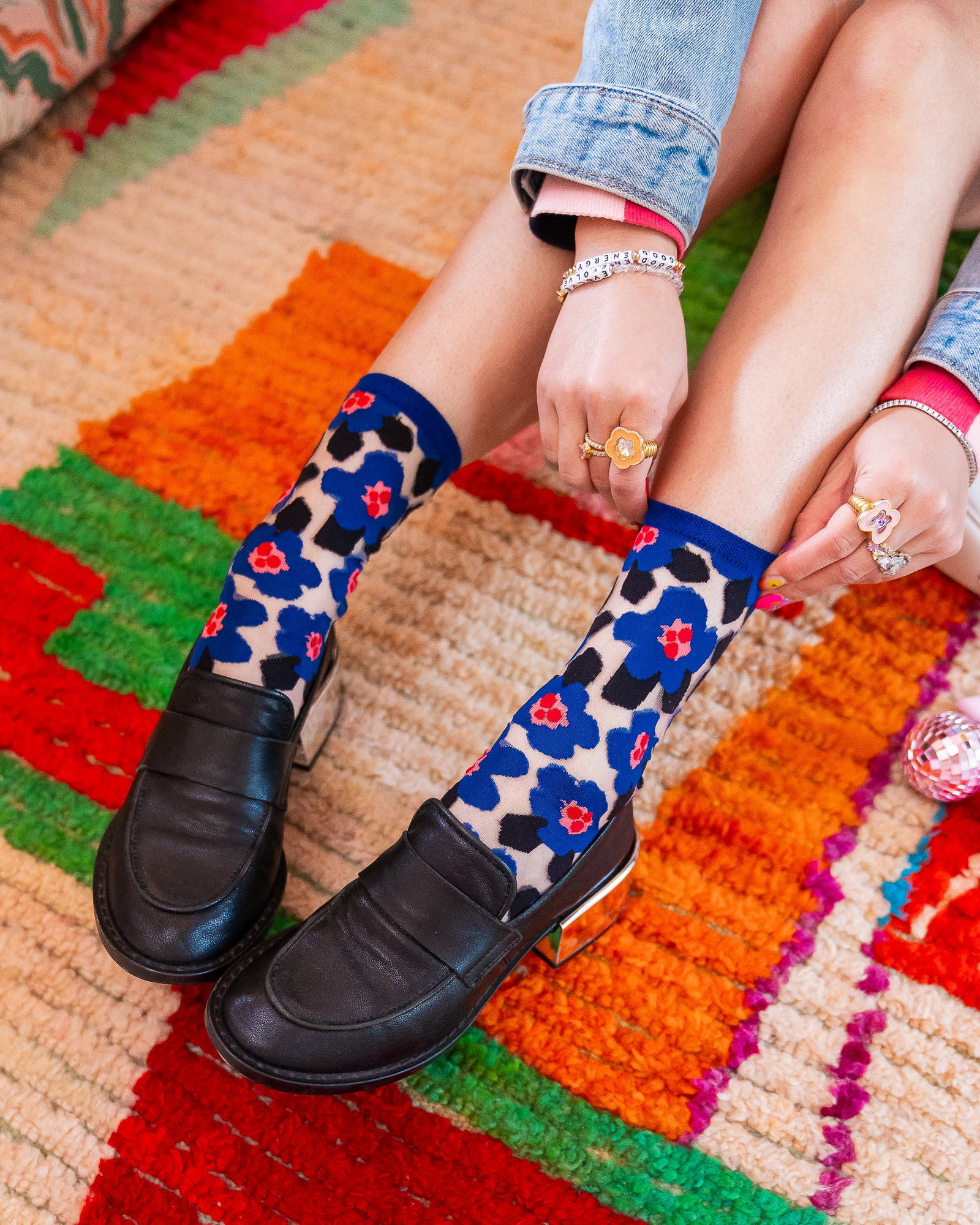 Image of Bold Blue Floral Sheer Crew Sock