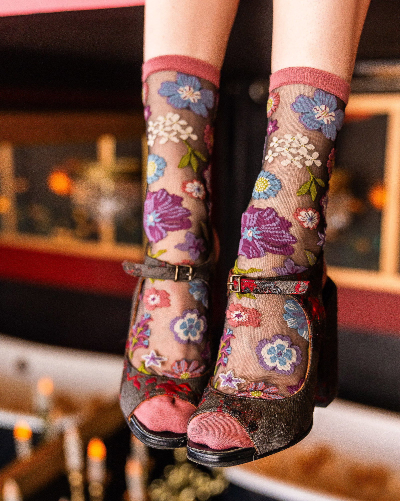 Image of Dark Florals Black Sheer Crew Sock